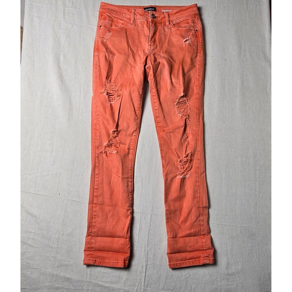 Bebe Jeans Womens 23 Orange Heartbreaker‎ Skinny Distressed Mid Rise Pockets